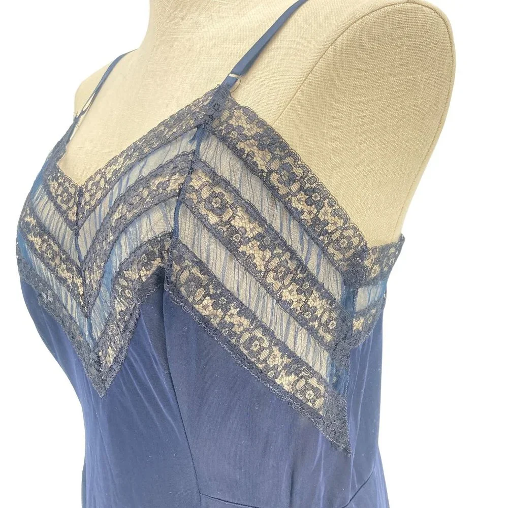1950s 1960s Navy Blue Ruffle & Frill Sheer Lingerie Slip Size 36 - Picture 4 of 5